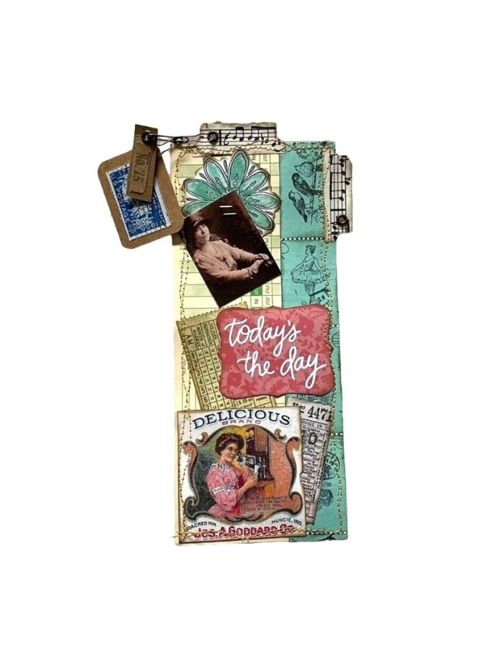 Junk Journal Bookmark with Charms Collage Ephemera Hand Sewn u